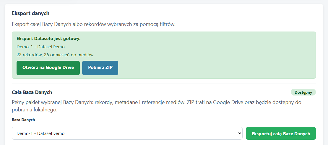 Ekran eksportu danych z gotowym eksportem bazy danych