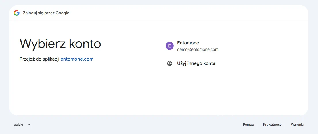 Wybór konta Google podczas łączenia z ENTOMONE