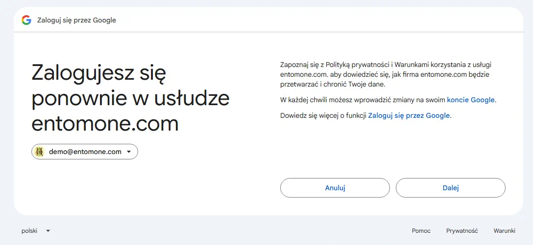 Ponowne logowanie Google do usługi entomone.com