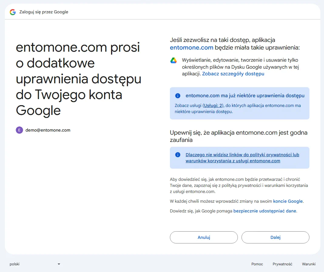 Ekran zgody Google z zakresem dostępu do plików aplikacji