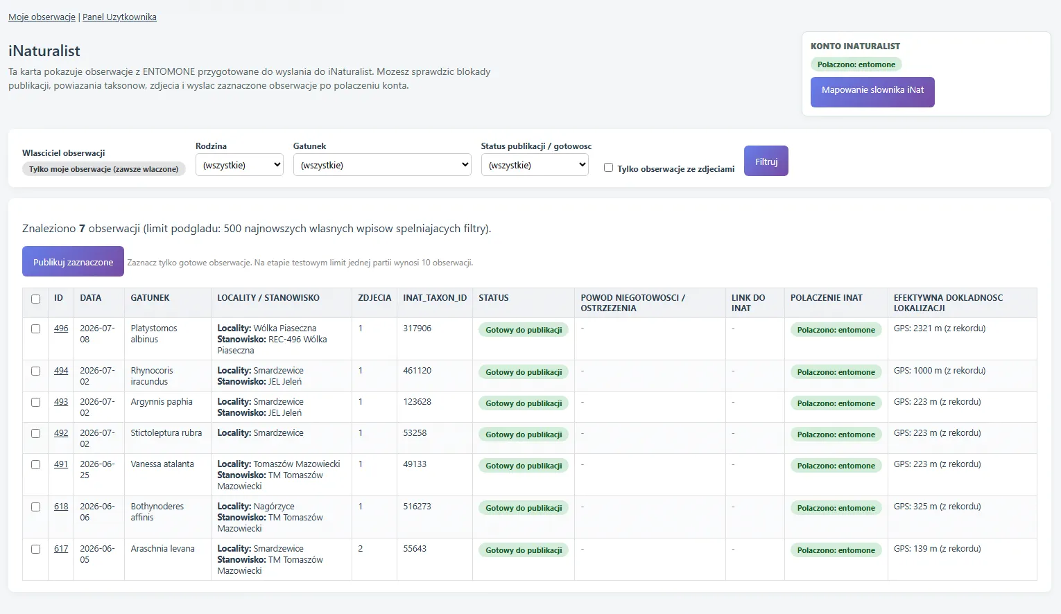 Lista rekordów gotowych do zbiorczej publikacji iNaturalist