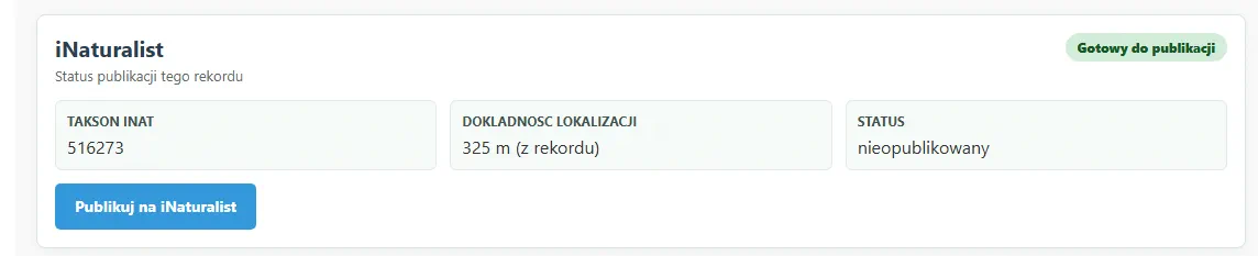 Panel pojedynczego rekordu gotowego do publikacji iNaturalist