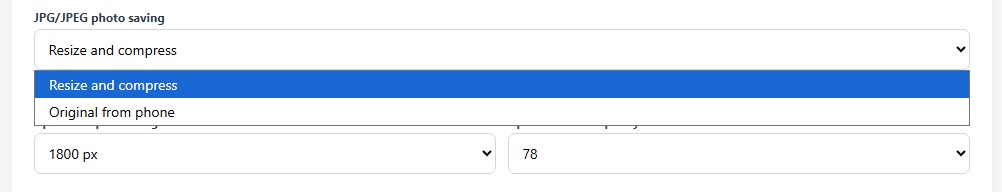 JPG/JPEG photo-saving settings: resize and compress or preserve the original phone file